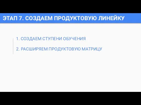 ЭТАП 7. СОЗДАЕМ ПРОДУКТОВУЮ ЛИНЕЙКУ 1. СОЗДАЕМ СТУПЕНИ ОБУЧЕНИЯ 2. РАСШИРЯЕМ ПРОДУКТОВУЮ МАТРИЦУ