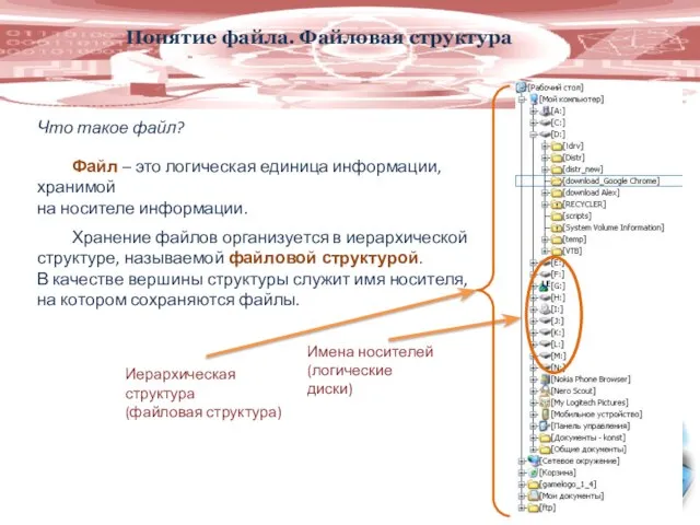 Понятие файла. Файловая структура Файл – это логическая единица информации, хранимой