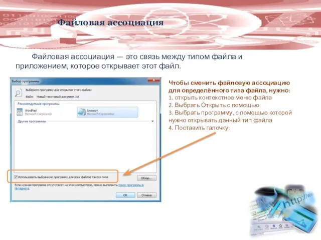 Файловая ассоциация Файловая ассоциация — это связь между типом файла и