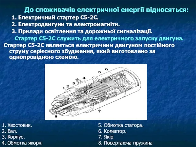 До споживачів електричної енергії відносяться: 1. Електричний стартер С5-2С. 2. Електродвигуни