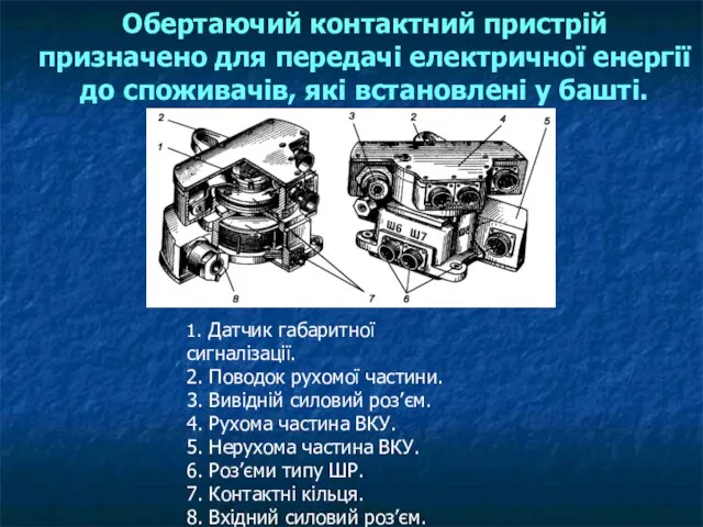 Обертаючий контактний пристрій призначено для передачі електричної енергії до споживачів, які