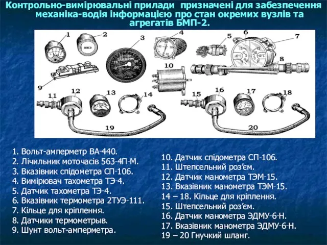 Контрольно-вимірювальні прилади призначені для забезпечення механіка-водія інформацією про стан окремих вузлів