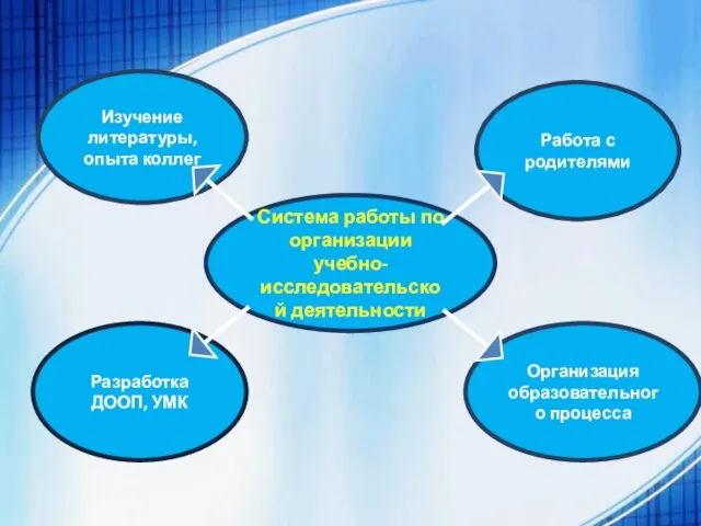 Система работы по организации учебно-исследовательской деятельности Изучение литературы, опыта коллег Работа