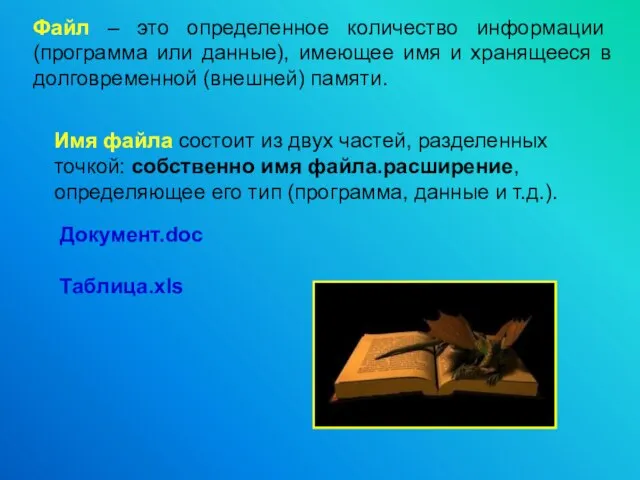 Файл – это определенное количество информации (программа или данные), имеющее имя