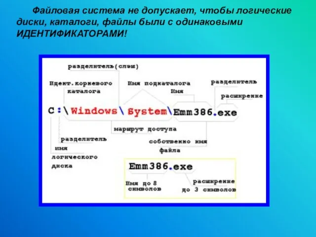 Файловая система не допускает, чтобы логические диски, каталоги, файлы были с одинаковыми ИДЕНТИФИКАТОРАМИ!