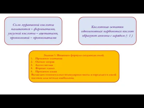 Соли муравьиной кислоты называются – формиатами, уксусной кислоты – ацетатами, пропионовой