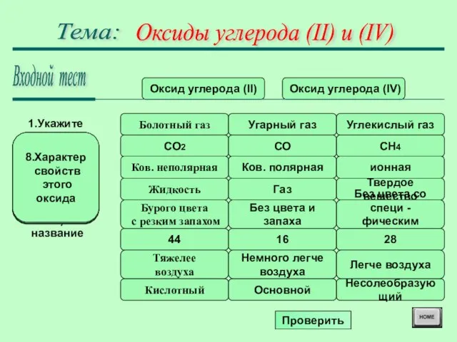 Оксиды углерода (II) и (IV) Тема: Оксид углерода (II) Оксид углерода