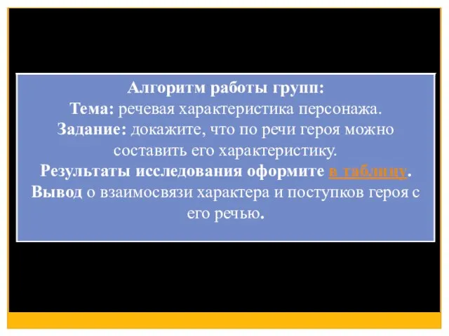 Алгоритм работы групп: Тема: речевая характеристика персонажа. Задание: докажите, что по