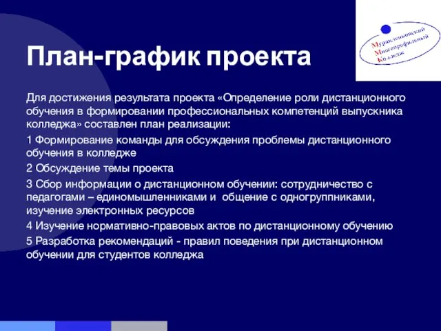 План-график проекта Для достижения результата проекта «Определение роли дистанционного обучения в