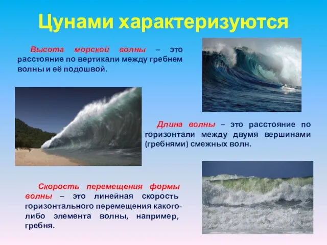 Цунами характеризуются Высота морской волны – это расстояние по вертикали между