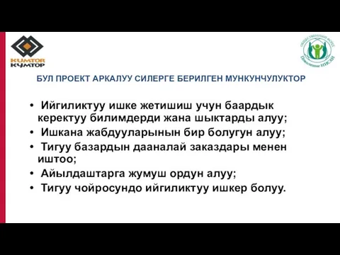 БУЛ ПРОЕКТ АРКАЛУУ СИЛЕРГЕ БЕРИЛГЕН МУНКУНЧУЛУКТОР Ийгиликтуу ишке жетишиш учун баардык