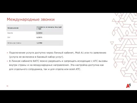 Международные звонки Подключение услуги доступно через Личный кабинет, Мой А1 или