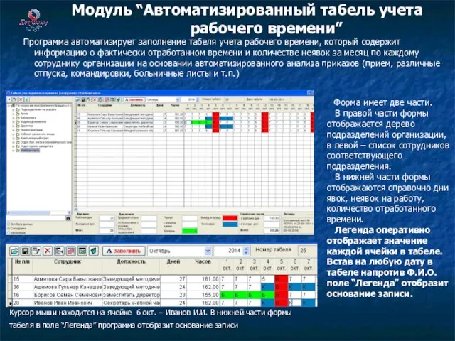 Модуль “Автоматизированный табель учета рабочего времени” Программа автоматизирует заполнение табеля учета