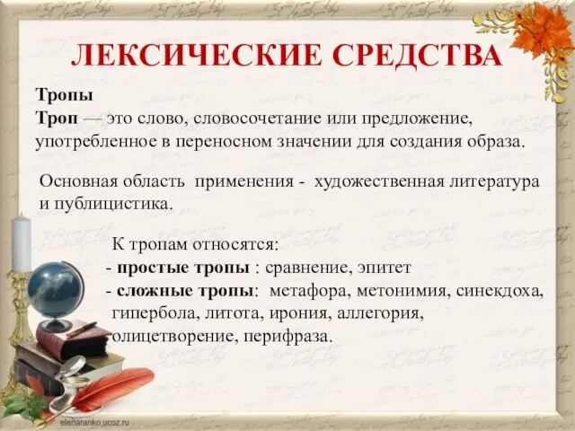 ЛЕКСИЧЕСКИЕ СРЕДСТВА Тропы Троп — это слово, словосочетание или предложение, употребленное