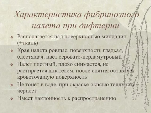 Характеристика фибринозного налета при дифтерии Располагается над поверхностью миндалин (+ткань) Края