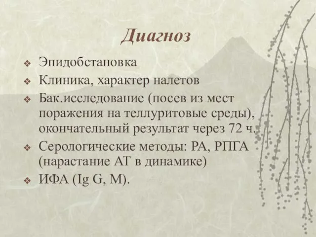 Диагноз Эпидобстановка Клиника, характер налетов Бак.исследование (посев из мест поражения на