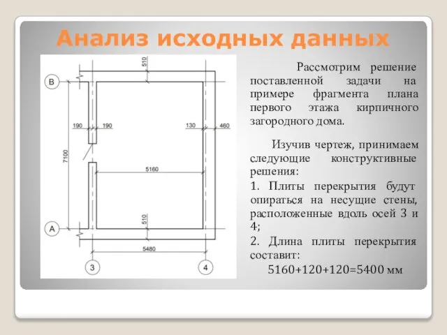 Анализ исходных данных Рассмотрим решение поставленной задачи на примере фрагмента плана