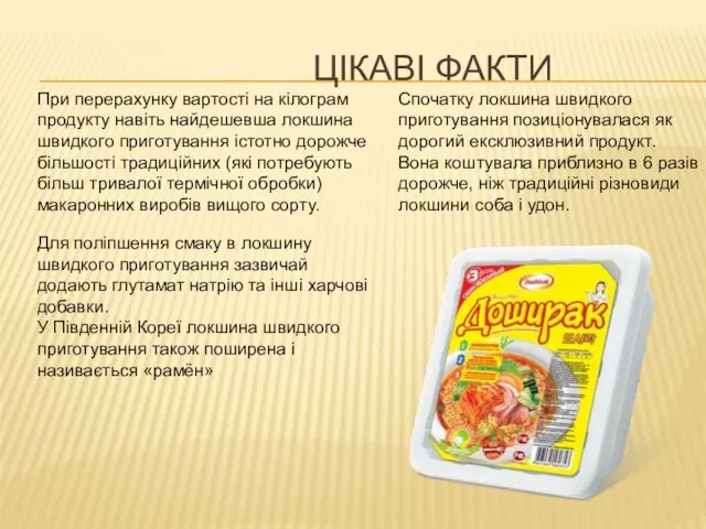 ЦІКАВІ ФАКТИ Спочатку локшина швидкого приготування позиціонувалася як дорогий ексклюзивний продукт.