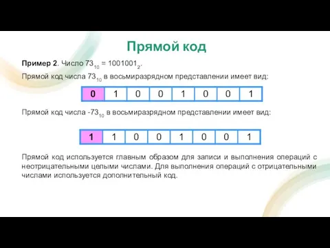 Пример 2. Число 7310 = 10010012. Прямой код числа 7310 в