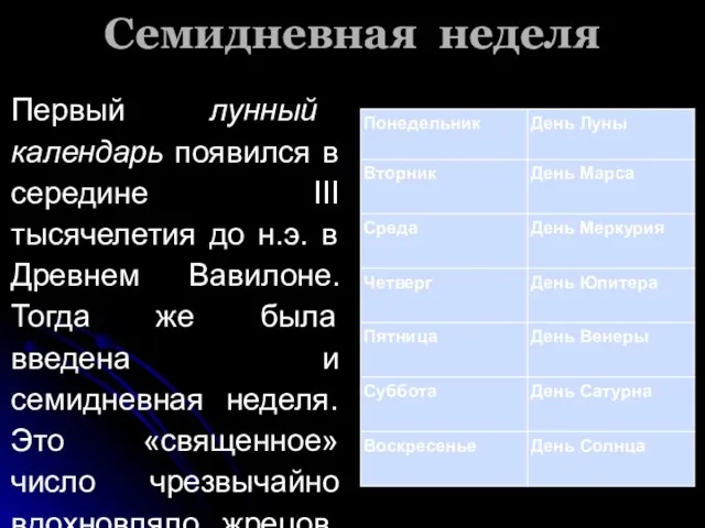 Семидневная неделя Первый лунный календарь появился в середине III тысячелетия до