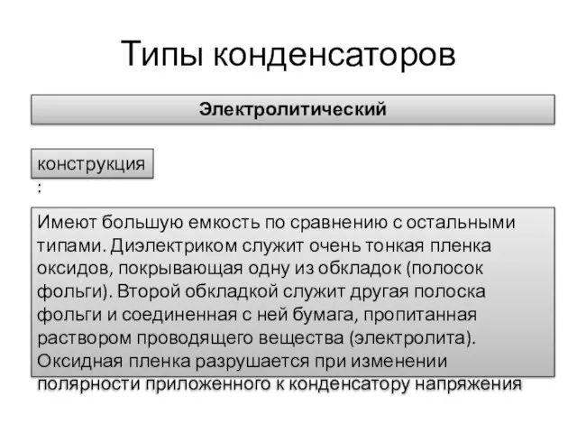 Типы конденсаторов Электролитический конструкция: Имеют большую емкость по сравнению с остальными