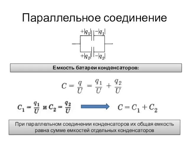 Параллельное соединение Емкость батареи конденсаторов: При параллельном соединении конденсаторов их общая