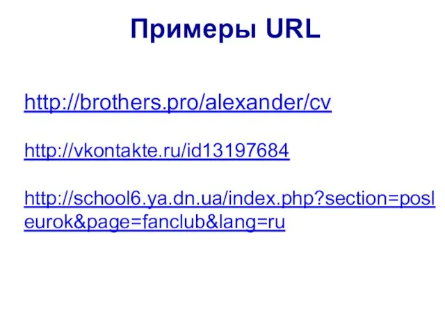 http://brothers.pro/alexander/cv http://vkontakte.ru/id13197684 http://school6.ya.dn.ua/index.php?section=posleurok&page=fanclub&lang=ru Примеры URL