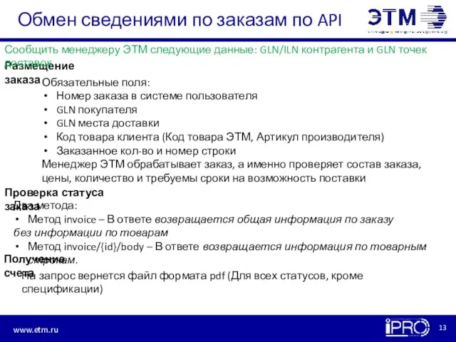 Обмен сведениями по заказам по API Размещение заказа Обязательные поля: Номер