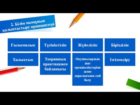 2. Білім мазмұнын қалыптастыру принциптері Ғылымилық Түсініктілік Жүйелілік Бірізділік Халықтық Теорияның