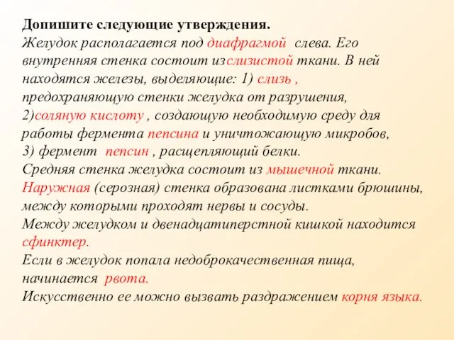 Допишите следующие утверждения. Желудок располагается под диафрагмой слева. Его внутренняя стенка