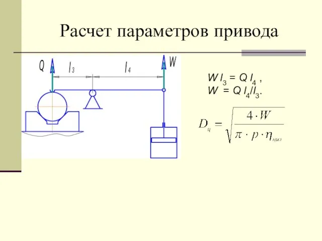 Расчет параметров привода W l3 = Q l4 , W = Q l4/l3.