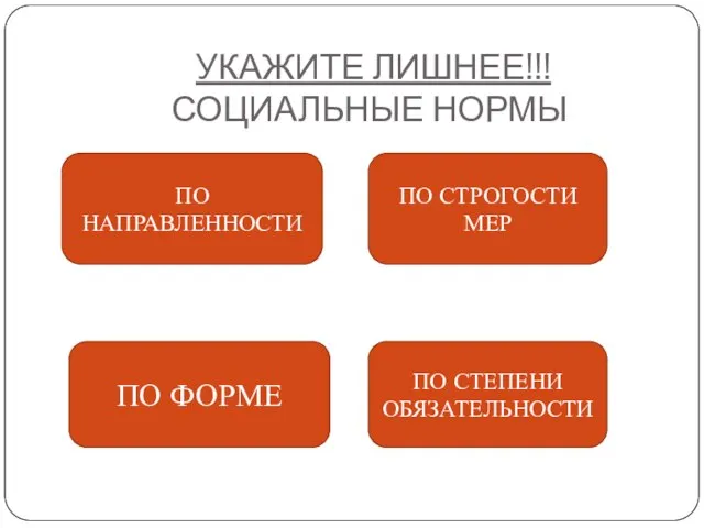 УКАЖИТЕ ЛИШНЕЕ!!! СОЦИАЛЬНЫЕ НОРМЫ ПО НАПРАВЛЕННОСТИ ПО СТРОГОСТИ МЕР ПО ФОРМЕ ПО СТЕПЕНИ ОБЯЗАТЕЛЬНОСТИ