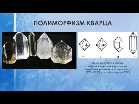 ПОЛИМОРФИЗМ КВАРЦА Облик кристаллов кварца, образовавшихся при различных природных условиях: а,