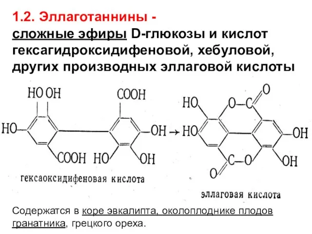 1.2. Эллаготаннины - сложные эфиры D-глюкозы и кислот гексагидроксидифеновой, хебуловой, других