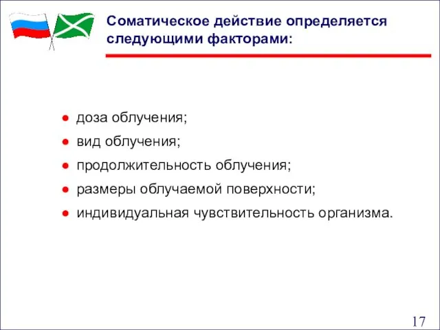 доза облучения; вид облучения; продолжительность облучения; размеры облучаемой поверхности; индивидуальная чувствительность