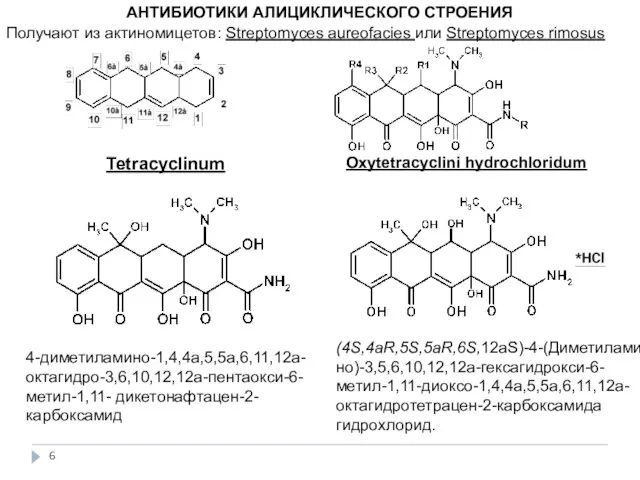 АНТИБИОТИКИ АЛИЦИКЛИЧЕСКОГО СТРОЕНИЯ Tetracyclinum 4-диметиламино-1,4,4а,5,5а,6,11,12а-октагидро-3,6,10,12,12а-пентаокси-6-метил-1,11- дикетонафтацен-2-карбоксамид Oxytetracyclini hydrochloridum (4S,4aR,5S,5aR,6S,12аS)-4-(Диметиламино)-3,5,6,10,12,12а-гексагидрокси-6-метил-1,11-диоксо-1,4,4а,5,5а,6,11,12а-октагидротетрацен-2-карбоксамида гидрохлорид. Получают