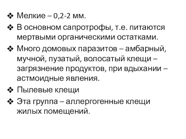 Мелкие – 0,2-2 мм. В основном сапротрофы, т.е. питаются мертвыми органическими