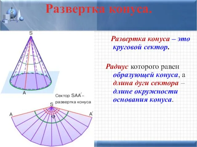 Развертка конуса. Развертка конуса – это круговой сектор. Радиус которого равен