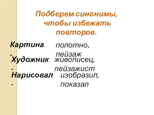 Подберем синонимы, чтобы избежать повторов. Картина - полотно, пейзаж Художник -