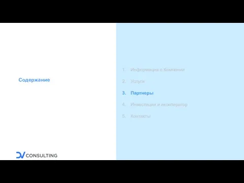 Содержание Информация о Компании Услуги Партнеры Инвестиции и акселератор Контакты