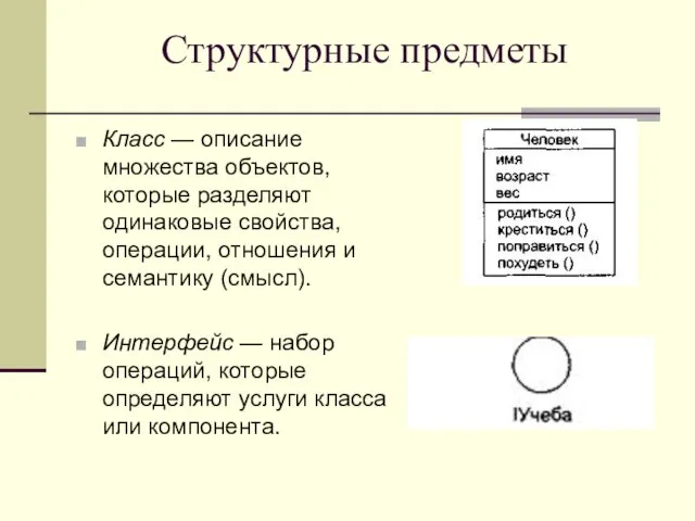 Структурные предметы Класс — описание множества объектов, которые разделяют одинаковые свойства,