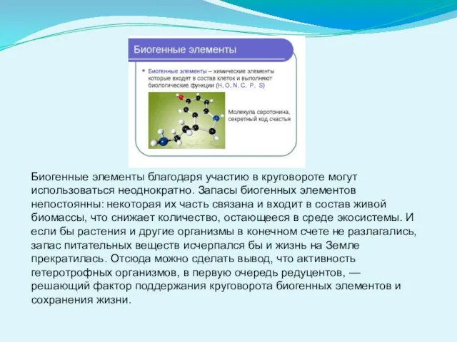 Биогенные элементы благодаря участию в круговороте могут использоваться неоднократно. Запасы биогенных