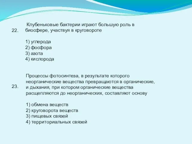 22. Клубеньковые бактерии играют большую роль в биосфере, участвуя в круговороте