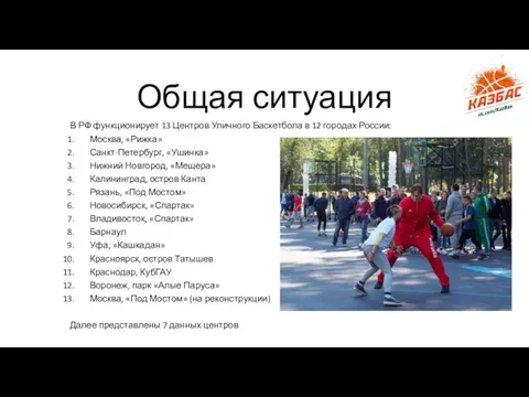 Общая ситуация В РФ функционирует 13 Центров Уличного Баскетбола в 12