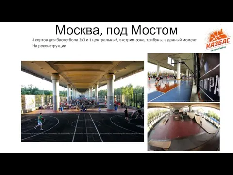 Москва, под Мостом 8 кортов для баскетбола 3х3 и 1 центральный,