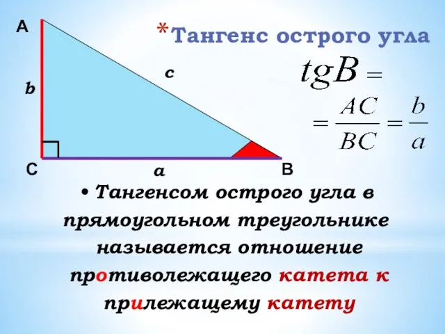 Тангенс острого угла А С В b c a Тангенсом острого