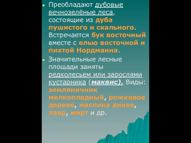 Преобладают дубовые вечнозелёные леса, состоящие из дуба пушистого и скального. Встречается