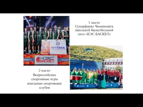 1 место Суперфинал Чемпионата школьной баскетбольной лиги «КЭС-БАСКЕТ» 2 место Всероссийские спортивные игры школьных спортивных клубов