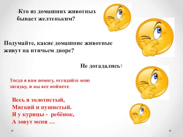 -Кто из домашних животных бывает желтеньким? Подумайте, какие домашние животные живут