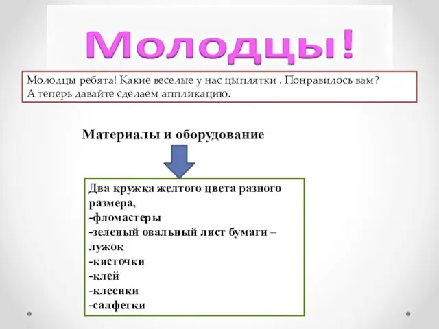 Материалы и оборудование Молодцы ребята! Какие веселые у нас цыплятки .